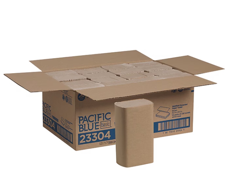 Pacific Blue Basic Recycled Multifold Paper Towels (23304), Brown, 250 Towels/Pack, 16 Packs/Case