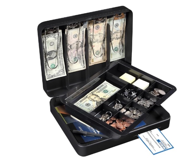Honeywell Safes & Door Locks - Deluxe Small Cash Box with Removable Money Tray - Storage Under Tray & 8 Coin Slots - Durable Metal Safe with Key Lock - Saving Money Lock Box - Black, 0. 23 CU - 6113