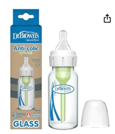 Dr. Brown's Natural Flow Anti-Colic Options+ Narrow Glass Baby Bottle, 4 oz/120 mL, with Level 1 Slow Flow Nipple, 1 Pack, 0m+