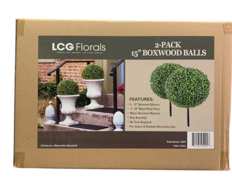 LCG Florals 2-Pack 15" Premium Decorative Artificial 15" Boxwood Balls