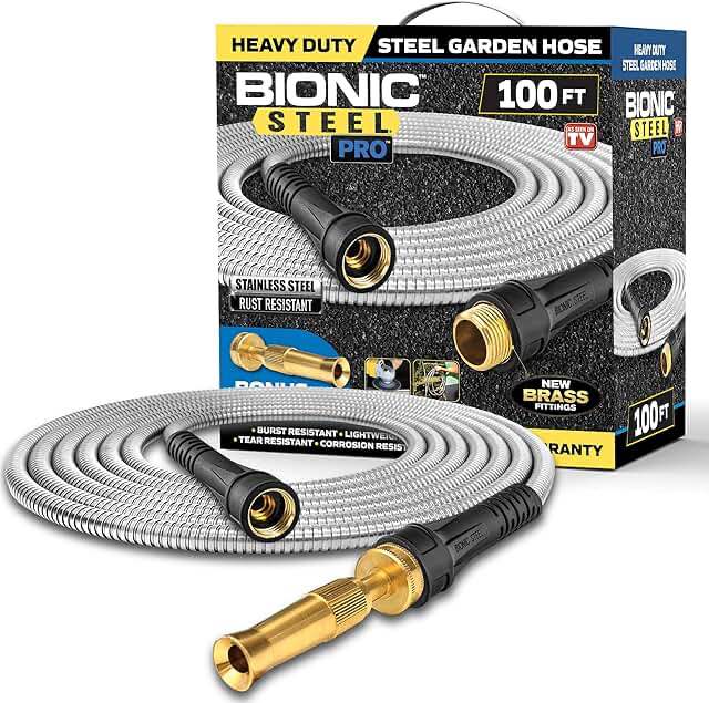 bionic steel pro garden hose 304 stainless steel metal water hose heavy duty crush resistant brass fittings kink tangle free 100ft