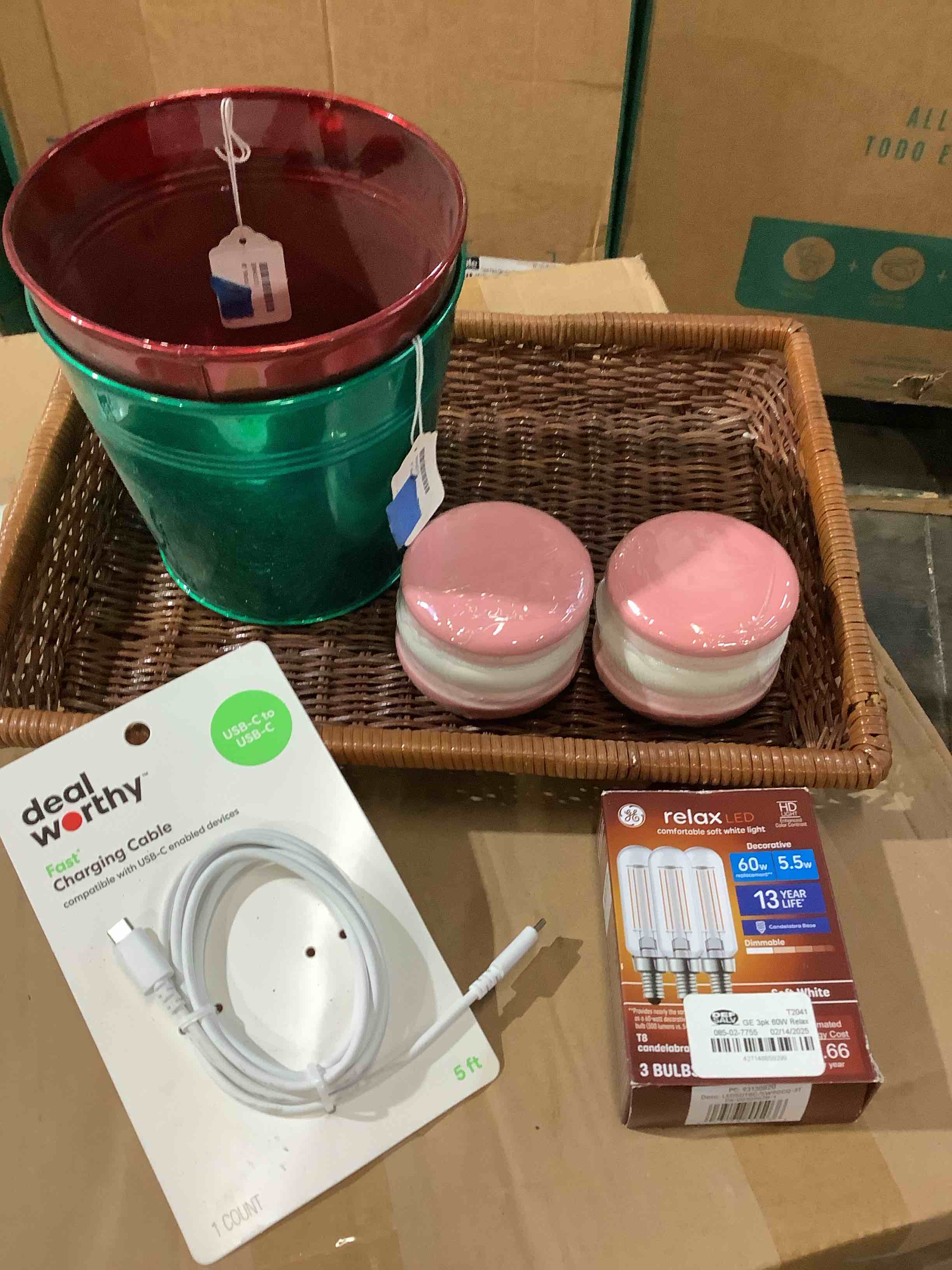  Assortment of household items;, relax, LED, lightbulbs, deal, worthy charging fast, cable, decorative buckets, novelty containers
