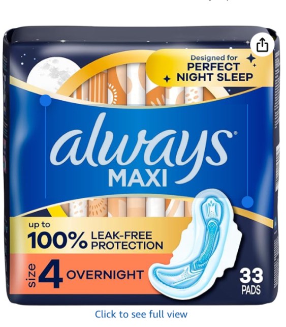 Always Maxi Pads Size 4 Overnight Absorbency Unscented with Wings, 33 Count