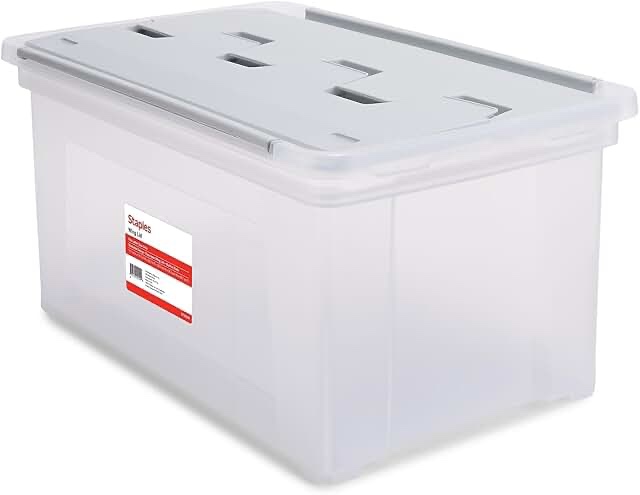 Staples Wing Lid File Totes Letter Size Clear (140166/139585), has crack