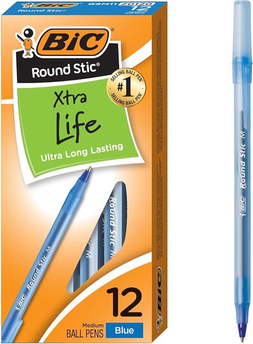 BIC Round Stic Xtra Life Ballpoint Pen  Stick  Medium 1 mm  Blue Ink  Translucent Blue Barrel  Dozen