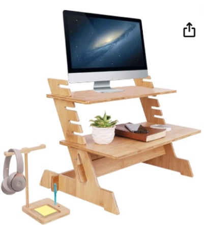 Wisfor Bamboo Standing Monitor Stand Desk Convertor Riser for Monitor Adjustable Height Standup Desk Top Laptop Workstation with Phone Headset Holder