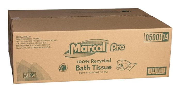 Marcal PRO 5001 100% Recycled Two-Ply Bath Tissue, White, 500 Sheets/Roll, 48 Rolls/Carton