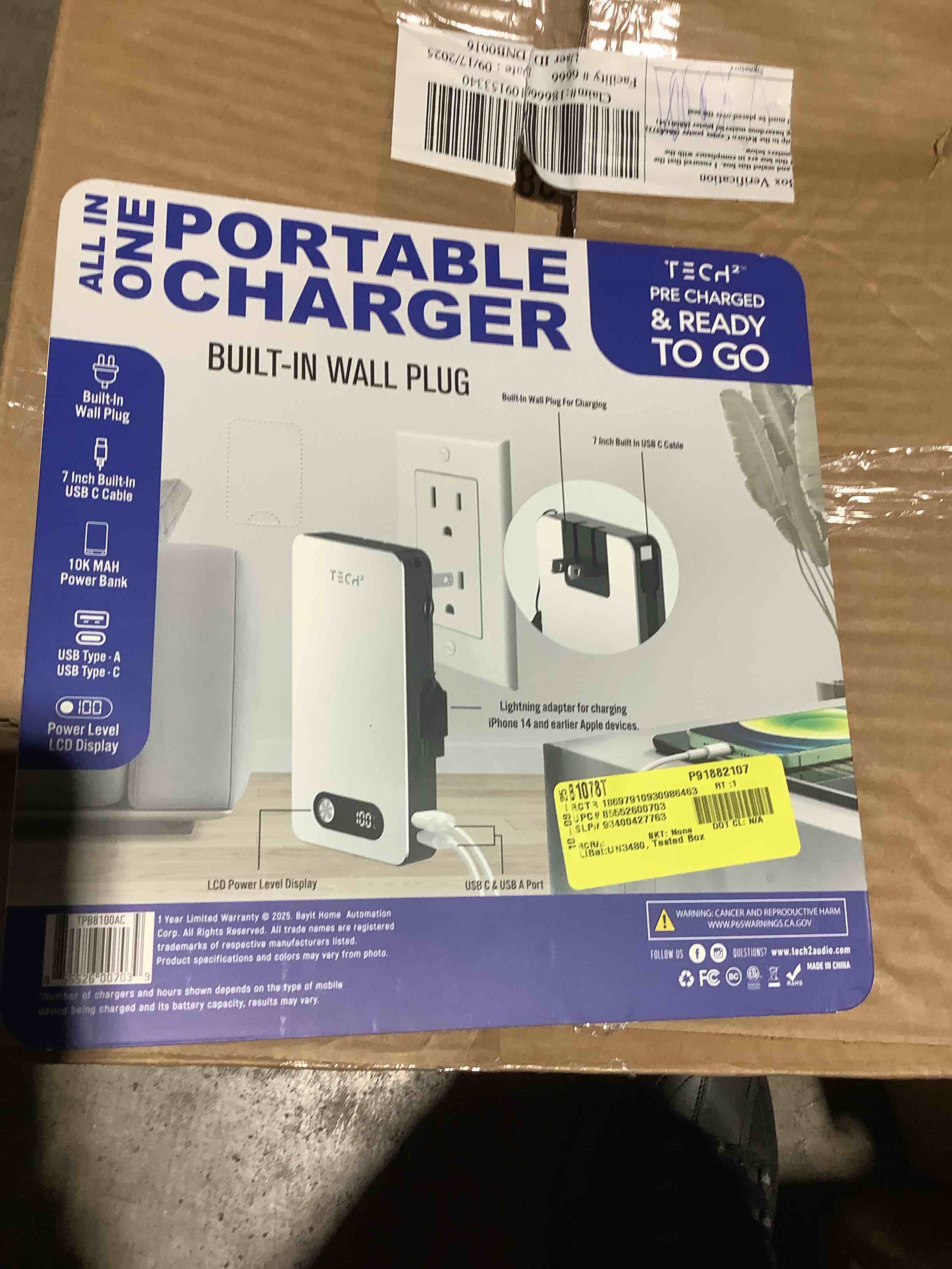 TECH all-in-one portable charger, built-in wall plug