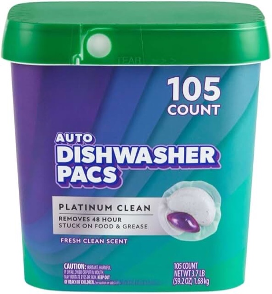 Member Mark Platinum Clean Automatic Dishwasher Pacs, Fresh Clean, 105 Count, lid is cracked