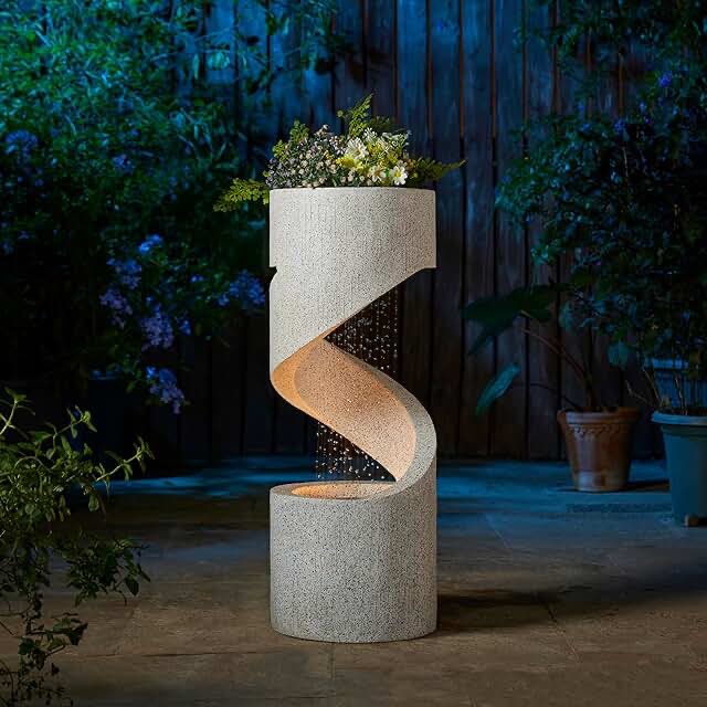 Glitzhome 31.25” mid-century modern faux Terrazzo spiral shaped poly resin outdoor fountain with pump and LED light