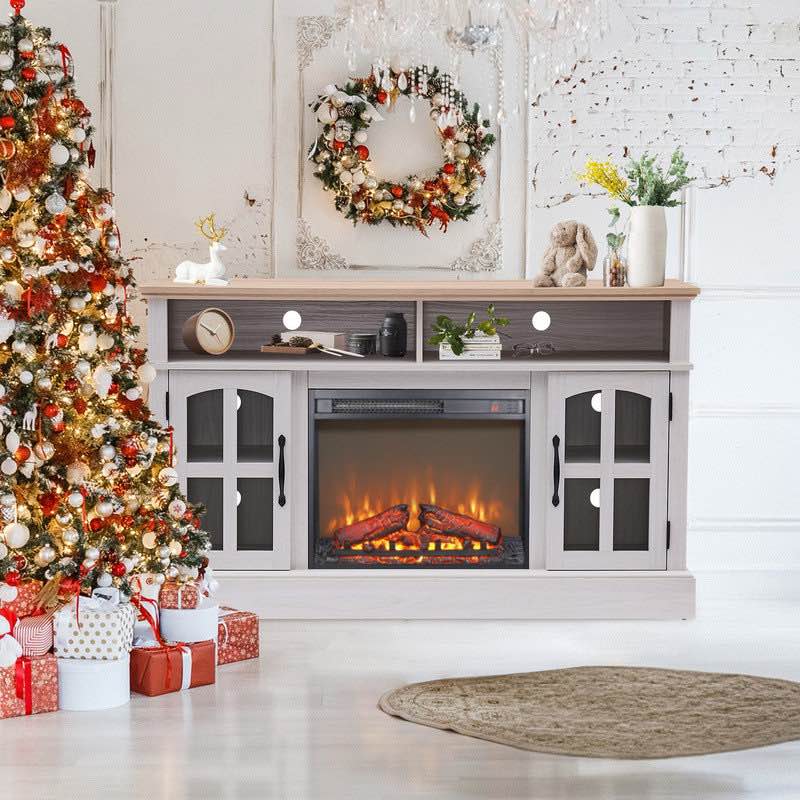 Wayfair Traditional 58" TV Stand with Electric Fireplace, Rustic Entertainment Center for TV up to 70", TV Cabinet w/Storage & Adjustable Shelves, Media Center for Living Room, White