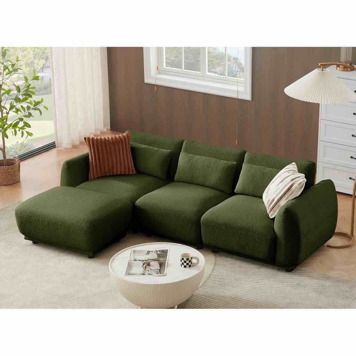 SEE DESCRIPTION Ballyrobert 4 - Piece Upholstered Sectional Teddy Wool Modern Sectional Sofa 3 Seat L Shaped Convertible Modular Sectional Sofa with Reversible Ottoman, Green Wool