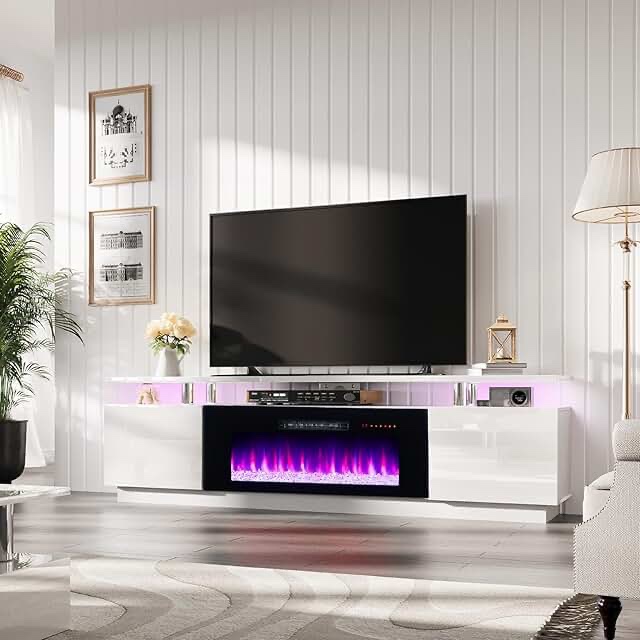 AMERLIFE Fireplace TV Stand with 40" Fireplace, 80" Modern High Gloss Fireplace Entertainment Center LED Lights, 2 Tier TV Console Cabinet for TVs Up to 90", Ivory White, incomplete box one of two