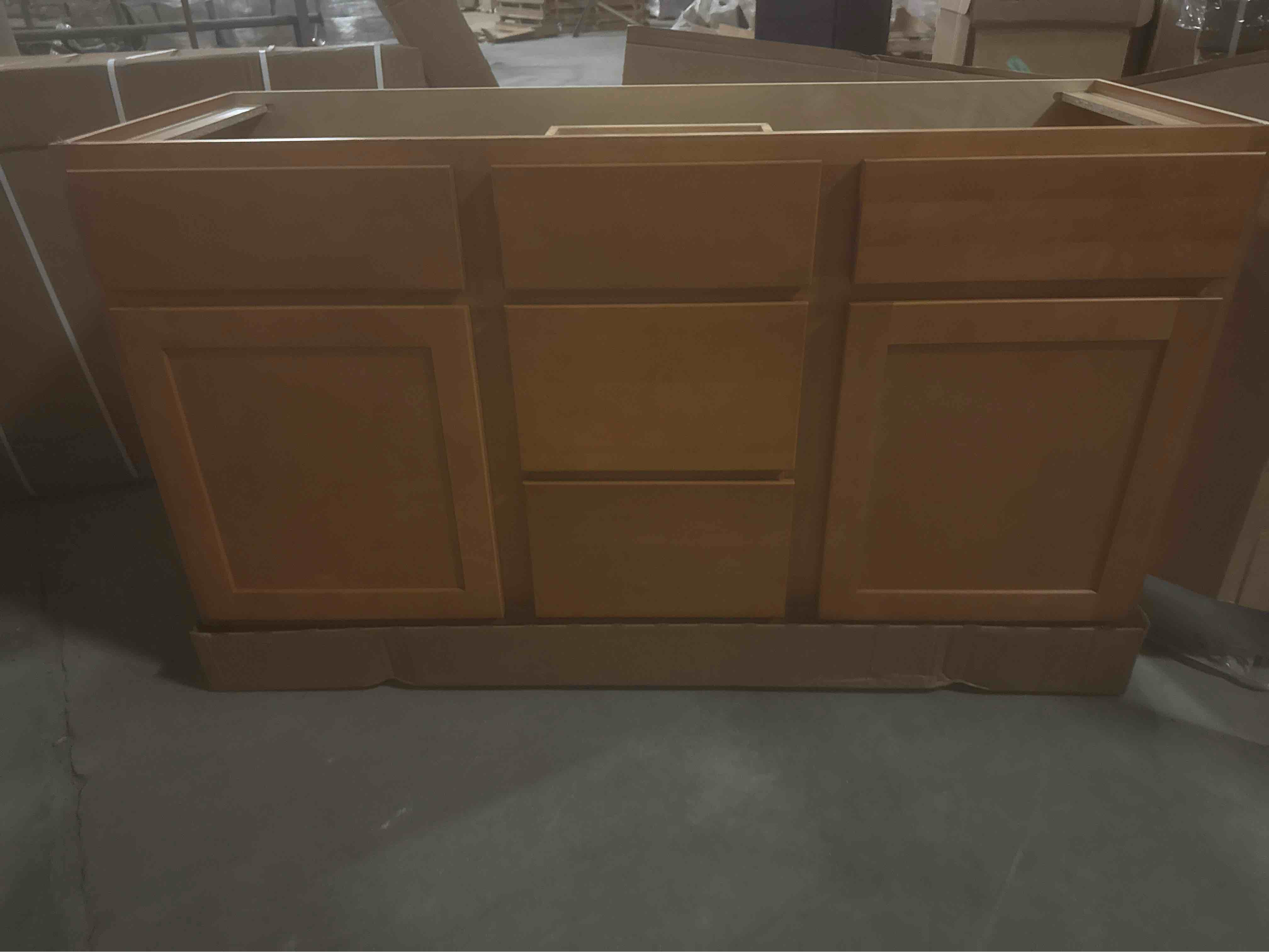 60” double bowl vanity base cabinet in caramel 60” x 21” x 34”