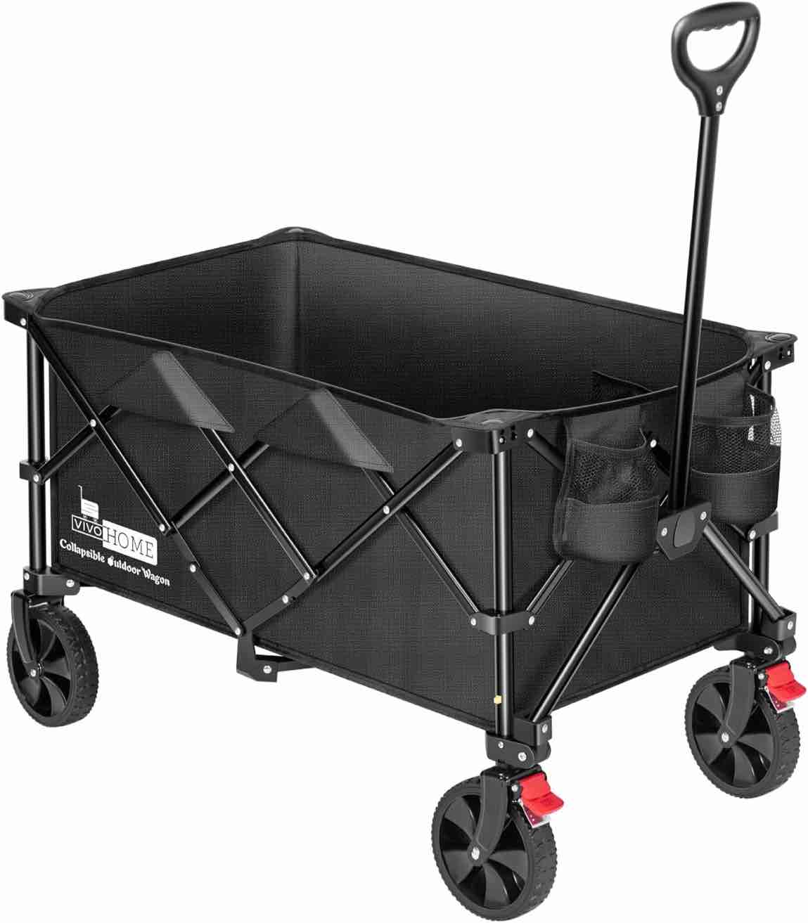 VIVOHOME Upgraded Heavy Duty 180 Lbs Collapsible Foldable Wagon Patio Garden Cart with Wheels and 2 Holders Outdoor Utility for Camping Picnic Black
