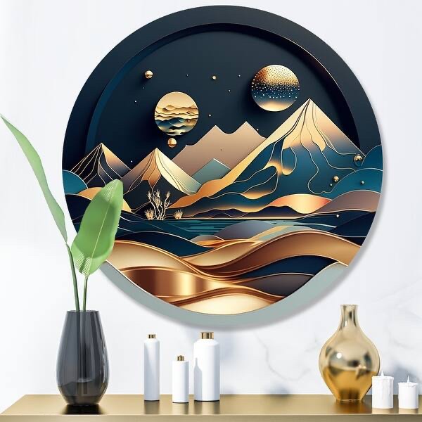 Designart "Dreamy Golden Mountain I" Abstract Marble Metal Round Wall Art