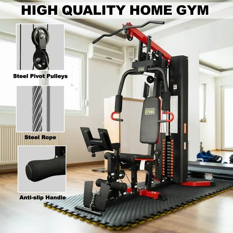fitvids lx770 multifunctional full home gym system workout station with 160 lbs weight stack, one station with leg training pedal
