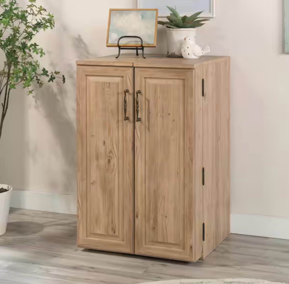 khaki pine finish 36 in. storage cabinet with adjustable shelves