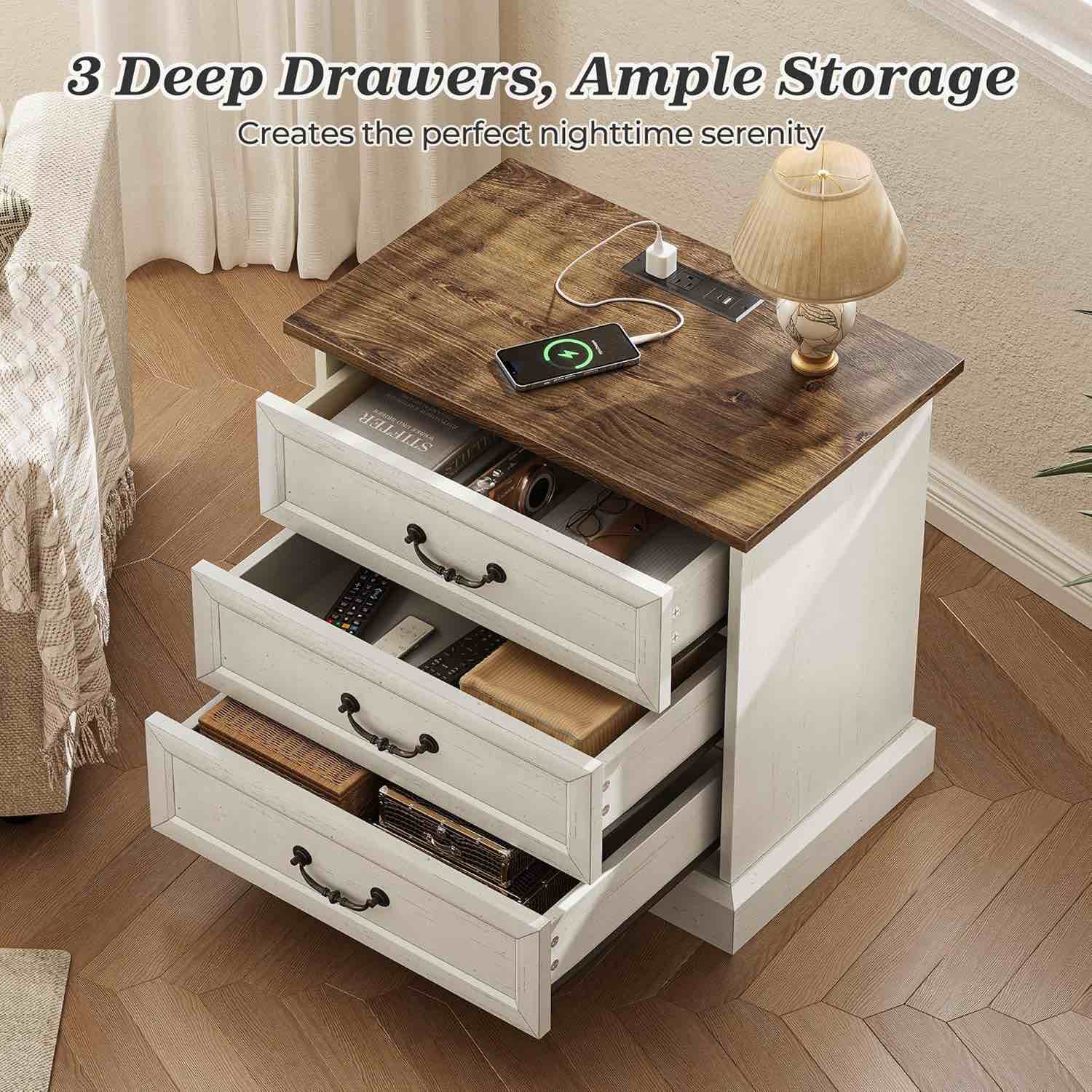 huuger nightstand with charging station, 3 drawer night stand, 22 inch wider side table with storage, farmhouse nightstand with vintage handles, thicken base, for bedroom, distressed white