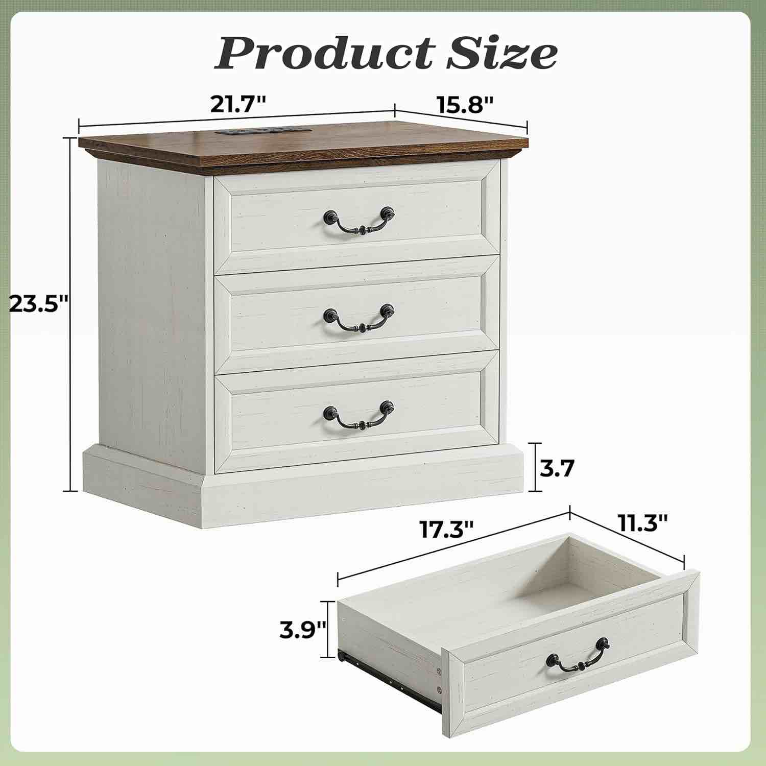 Condition photo showing New/Like New for huuger nightstand with charging station, 3 drawer night stand, 22 inch wider side table with storage, farmhouse nightstand with vintage handles, thicken base, for bedroom, distressed white