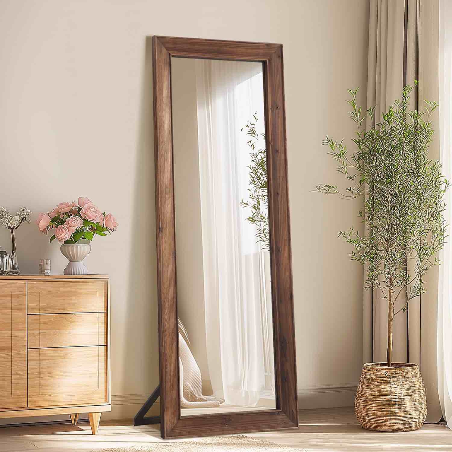 rustic farmhouse full length mirror, 64"x21" wood frame floor mirror, free standing mirror leaning wall for bedroom living room cloakroom, rustic brown