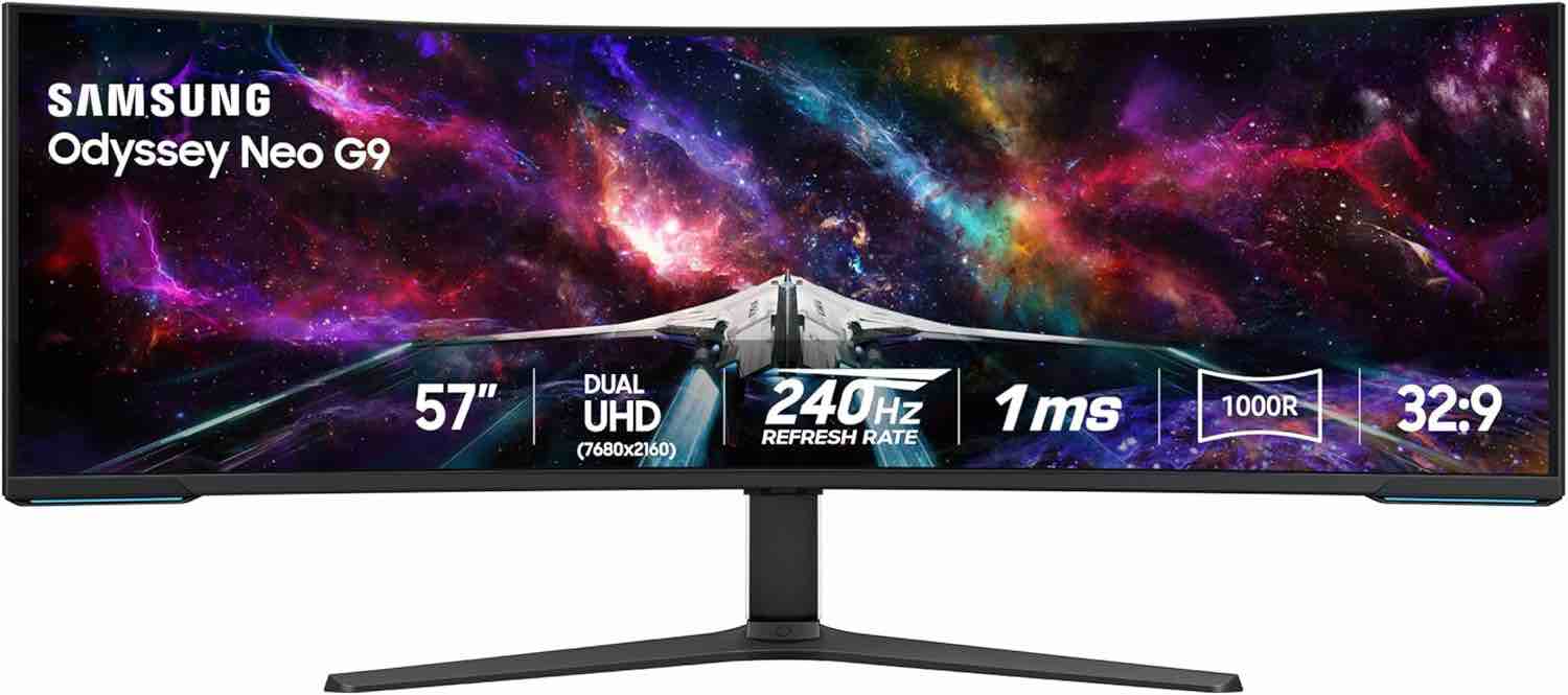 samsung 57" odyssey neo g9 (g95nc) series dual 4k uhd 1000r curved gaming monitor, 240hz, 1ms with displayport 2.1, quantum mini-led, displayhdr 1000, amd freesync premium pro, ls57cg952nnxza