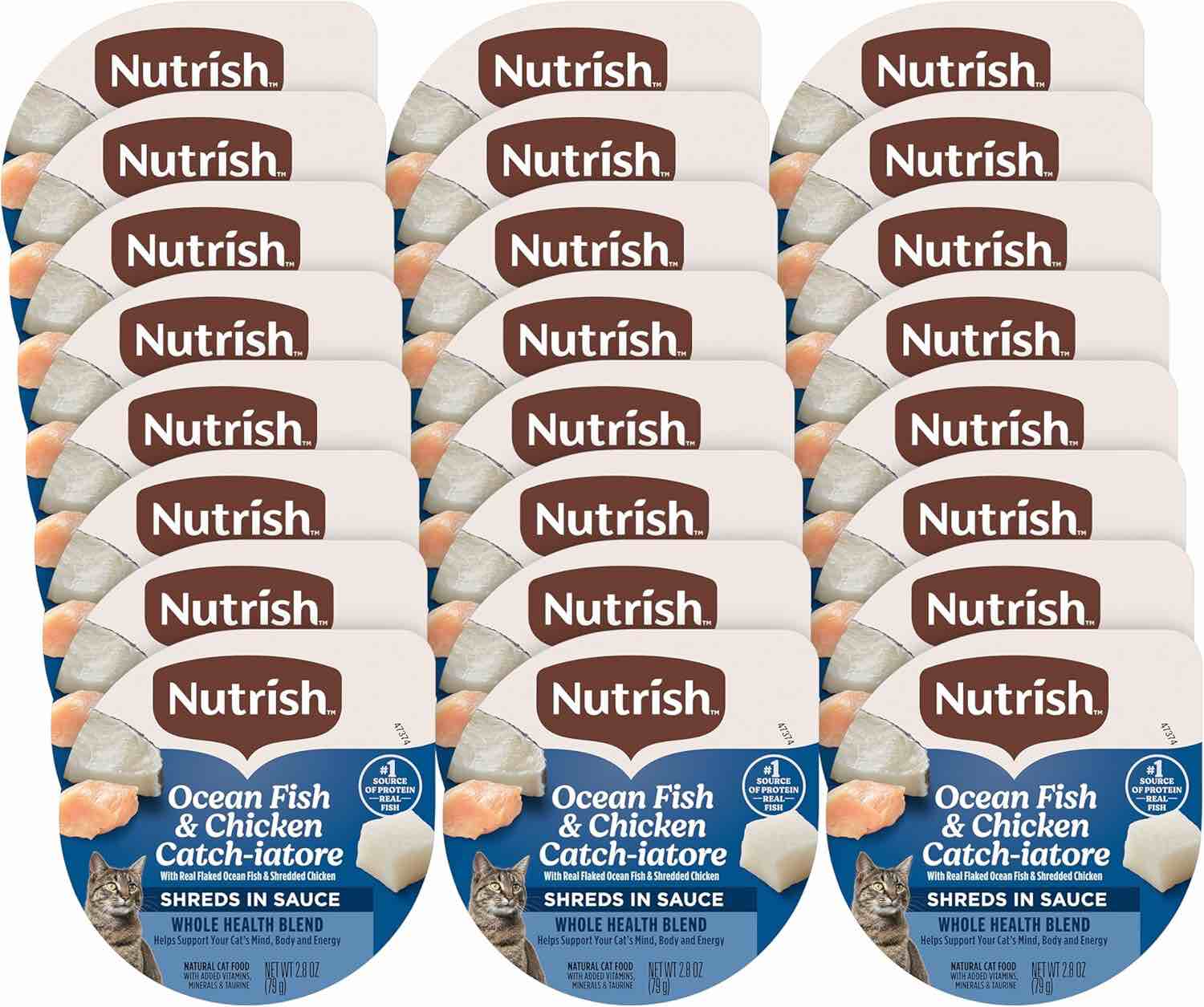 Condition photo showing Brand New for case of 24 nutrish grain free wet cat food ocean fish & chicken catch-iatore whole health blend with real flaked ocean fish & shredded chicken in sauce, 2.8 oz...