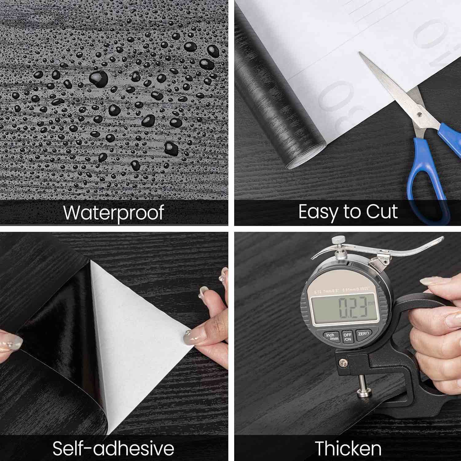 tanone black wood contact paper with tools, black peel and stick wallpaper for cabinets, wood grain self adhesive removable vinyl wrap waterproof, wall paper for countertops 17.5" x 137"