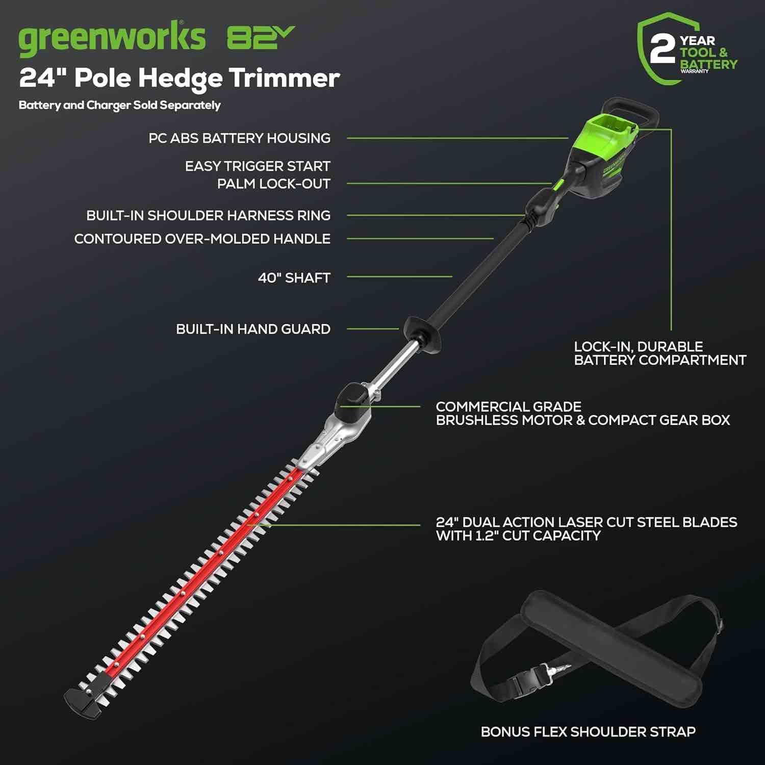 Condition photo showing New/Like New for greenworks commercial 82v 24" brushless cordless fixed mid pole hedge trimmer, 2.5ah battery and dual port rapid charger (great for landscapers and professionals)