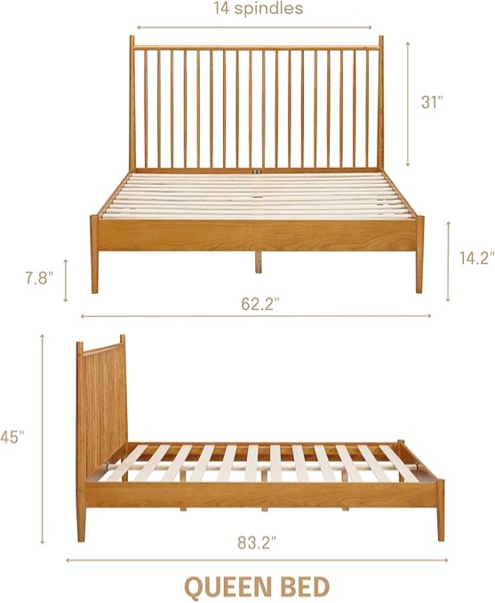 Condition photo showing New/Like New for ntc inno wooden bed frame with headboard, solid oak and rubber wood foundation with silent slats and wood central supports, 1000 lb capacity, effortless assembly, queen rustic - oak