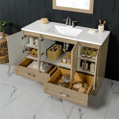 Condition photo showing New/Like New for diamond now cassidy 48-in light oak brown single sink bathroom vanity with white cultured top