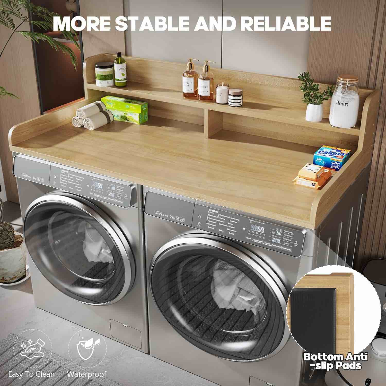 2-Tier Washer and Dryer Countertop with outlet,2.75" H Guard,58" W x 28" D Laundry Countertop Cover with Non-Slip Pad,Large Space Laundry Topper for Folding Clothes Over Washer and Dryer-Pure Wood Color