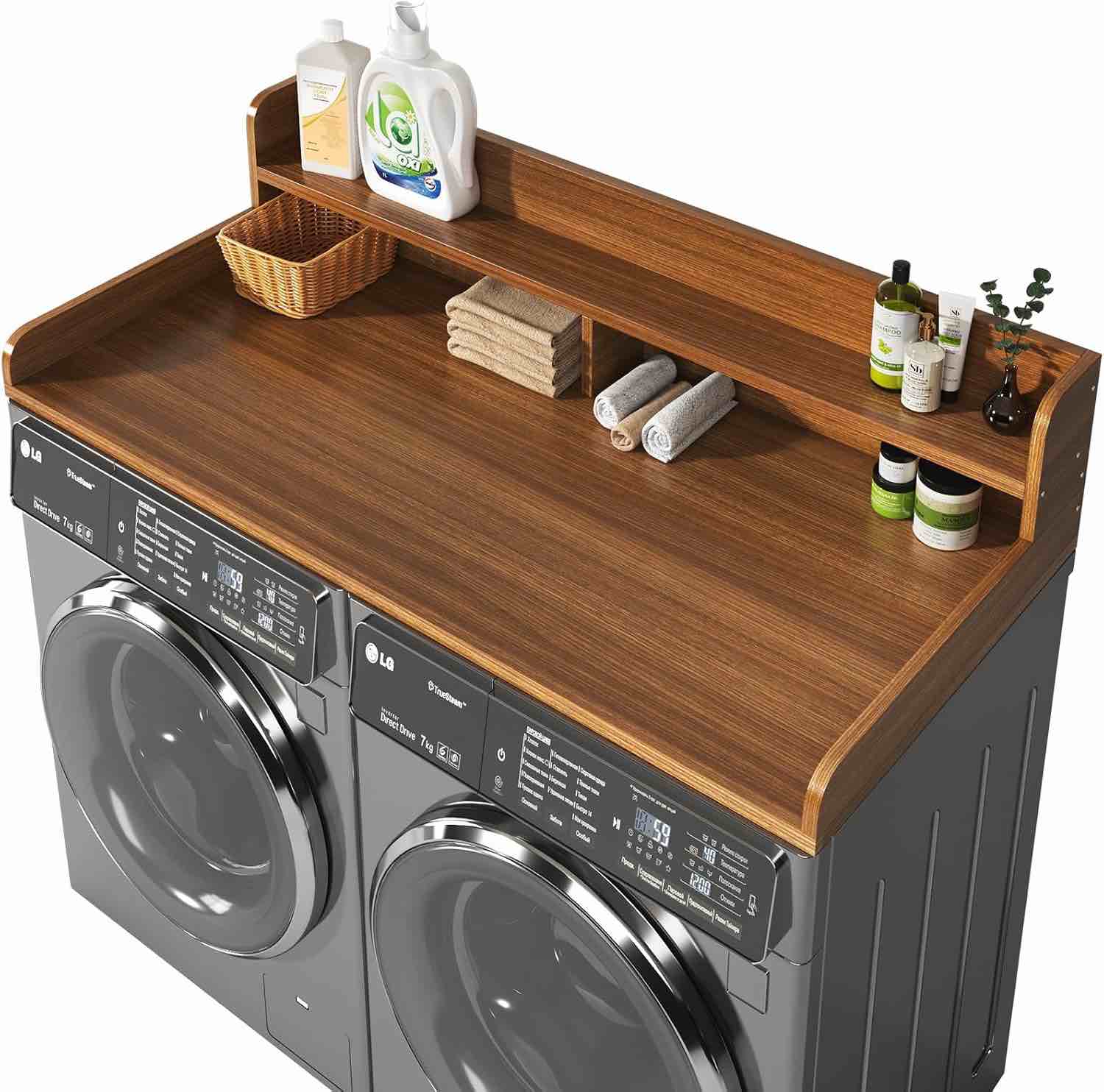2-Tier Washer and Dryer Countertop with 2.75" H Guard,54" W x 27.5" D Laundry Countertop Cover with Non-Slip Pad,Large Space Laundry Topper for Folding Clothes Over Washer and Dryer-Brown