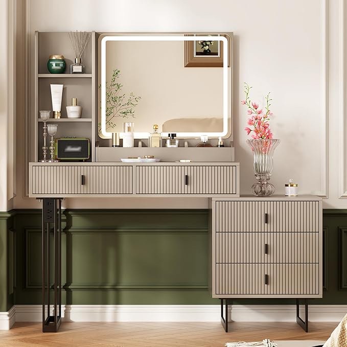 leejdin Large Vanity Desk with 3 Color Touch Screen Dimming Mirror, Vanity Desk with Charging Station, Modern Retractable Makeup Dressing Table, Makeup Table with Storage Shelves and 5 Sliding Drawers