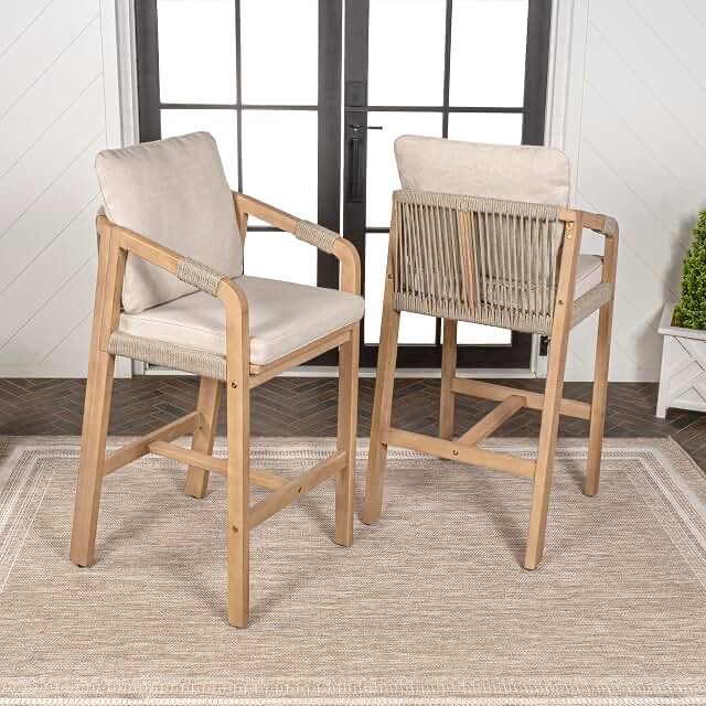 JONATHAN Y BSL1200A-SET2 Porto Modern Coastal Tub Roped Acacia Wood Outdoor Bar Stool with Cushions and Armrests Modern, Coastal, Contemporary, Rustic, Garden Room, Patio, Beige/Light Teak (Set of 2)