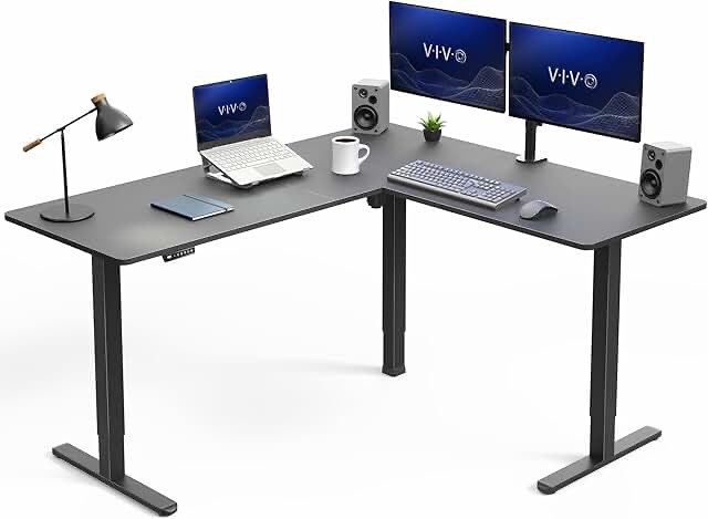 VIVO Corner Standing Desk, 63 x 55 inch Reversible L-Shaped Workstation, Electric Height Adjustment, Home, Office, and Reception Rooms, Black Table Top Black Frame