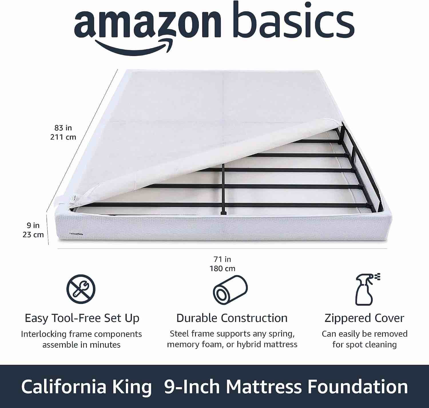 Amazon Basics Smart Box Spring Bed Base, 9-Inch Height Mattress Foundation, Tool-Free Easy Assembly, Cal King, 83"L x 71"W x 9"H, White