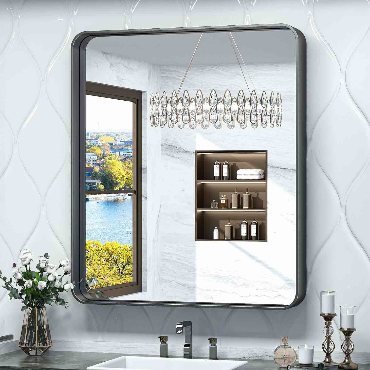 TokeShimi 32x36 Inch Black Bathroom Mirror for Wall Vanity Mirror with Non-Rusting Aluminum Alloy Metal Frame Rounded Corner for Modern Farmhouse Home Decor (Horizontal/Vertical)