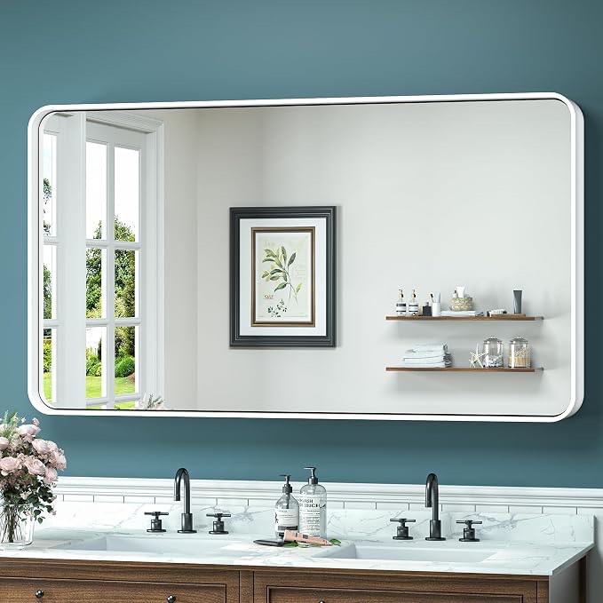 TokeShimi 40 x 30 Inch Wall Mirror for Bathroom White Metal Frame Decorative Rectangular Wall Mounted Home Decor Corner Hangs Farmhouse Mirror (Horizontal/Vertical)