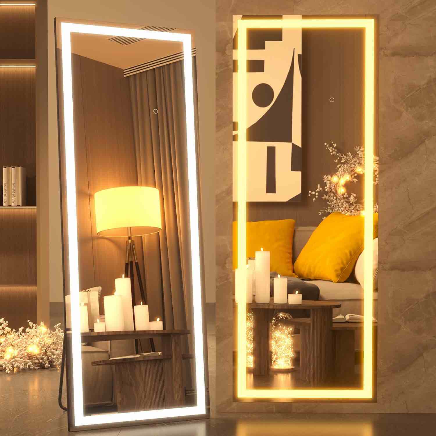 Pertetey 79x36 Inch LED Full Length Mirror with Lights, Black Frame Dimmable & 3 Color Modes Floor & Wall Mounted Long Mirror