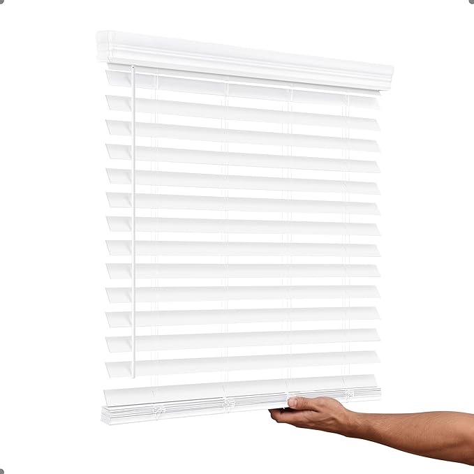 2 Inch Cordless Faux Wood Blind, 2" Slats Horizontal Window Shades | No Cord Wooden Blinders for Indoor Use, Privacy Protection for Nursery, Child & Pet Safe, Smooth Operation. 64” wide