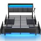 Rolanstar Bed Frame Queen Size with Charging Station, LED Headboard with Drawers, Dark Grey