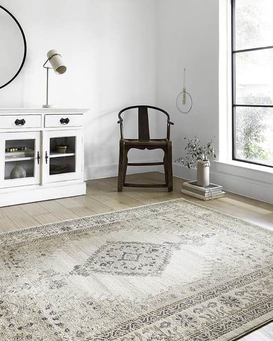 loloi teagan collection tea-02 oatmeal/ivory 5'-3" x 7'-6" area rug, large, soft neutral rug, high-traffic for living room, bedroom, home office, dining aréa