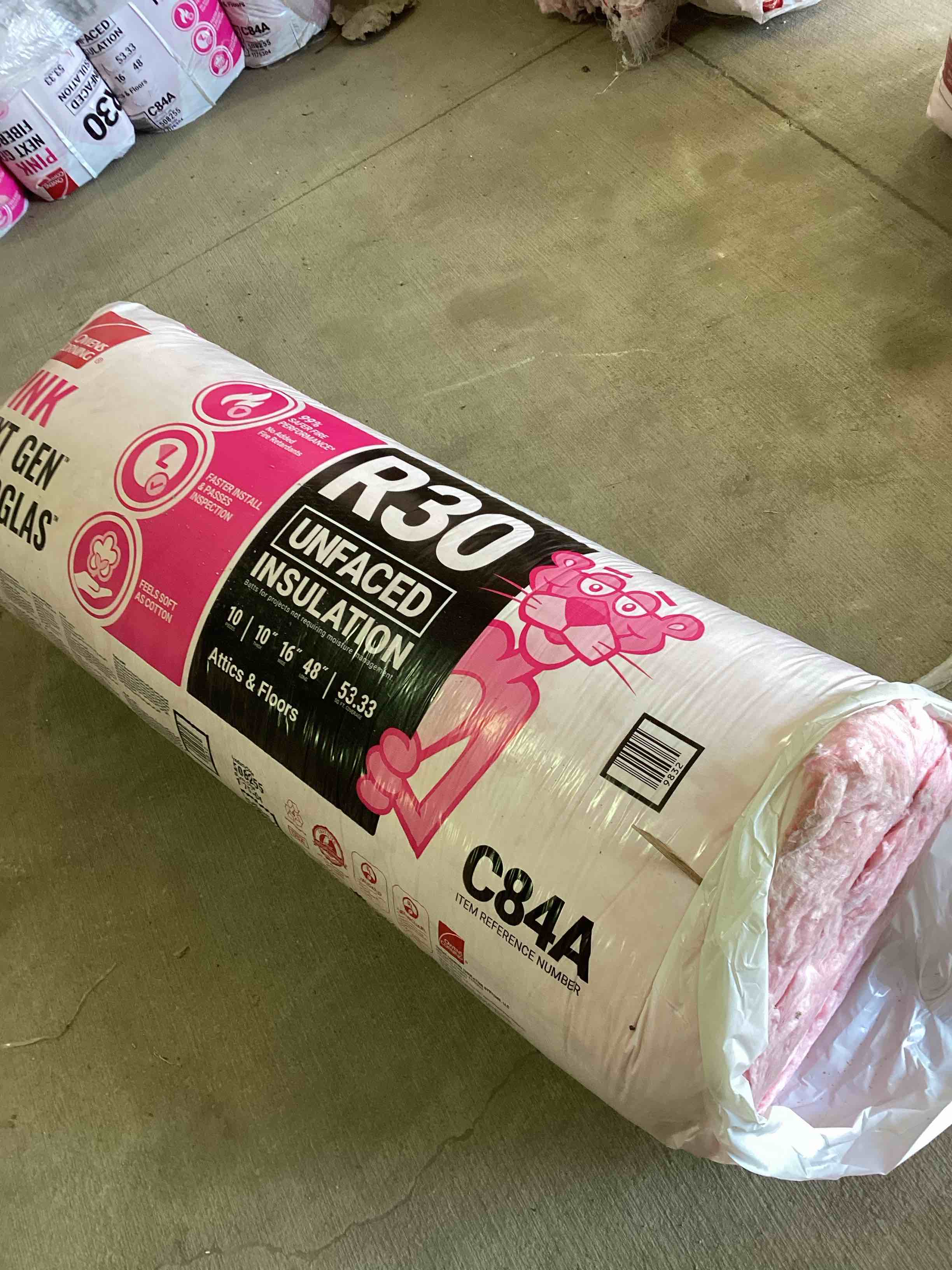 owens corning 4 bags of r30 unfaced fiberglass insulation. 10 pieces per roll. 10” thick, 16” x 48”, 53.33 sq ft per roll