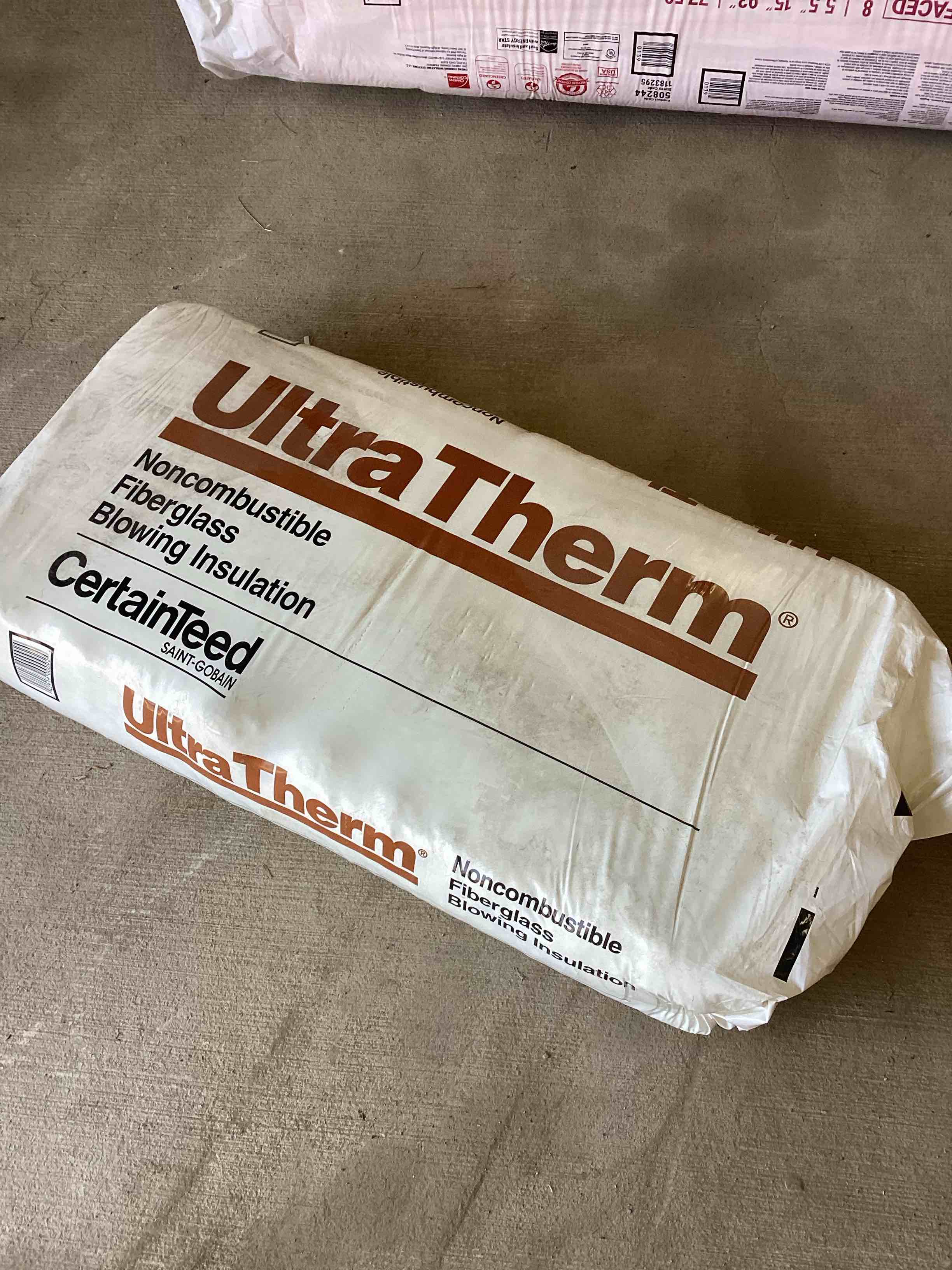 certainteed ultratherm noncombustible fiberglass blowing insulation. 25 lb bag. 4 bags per lot
