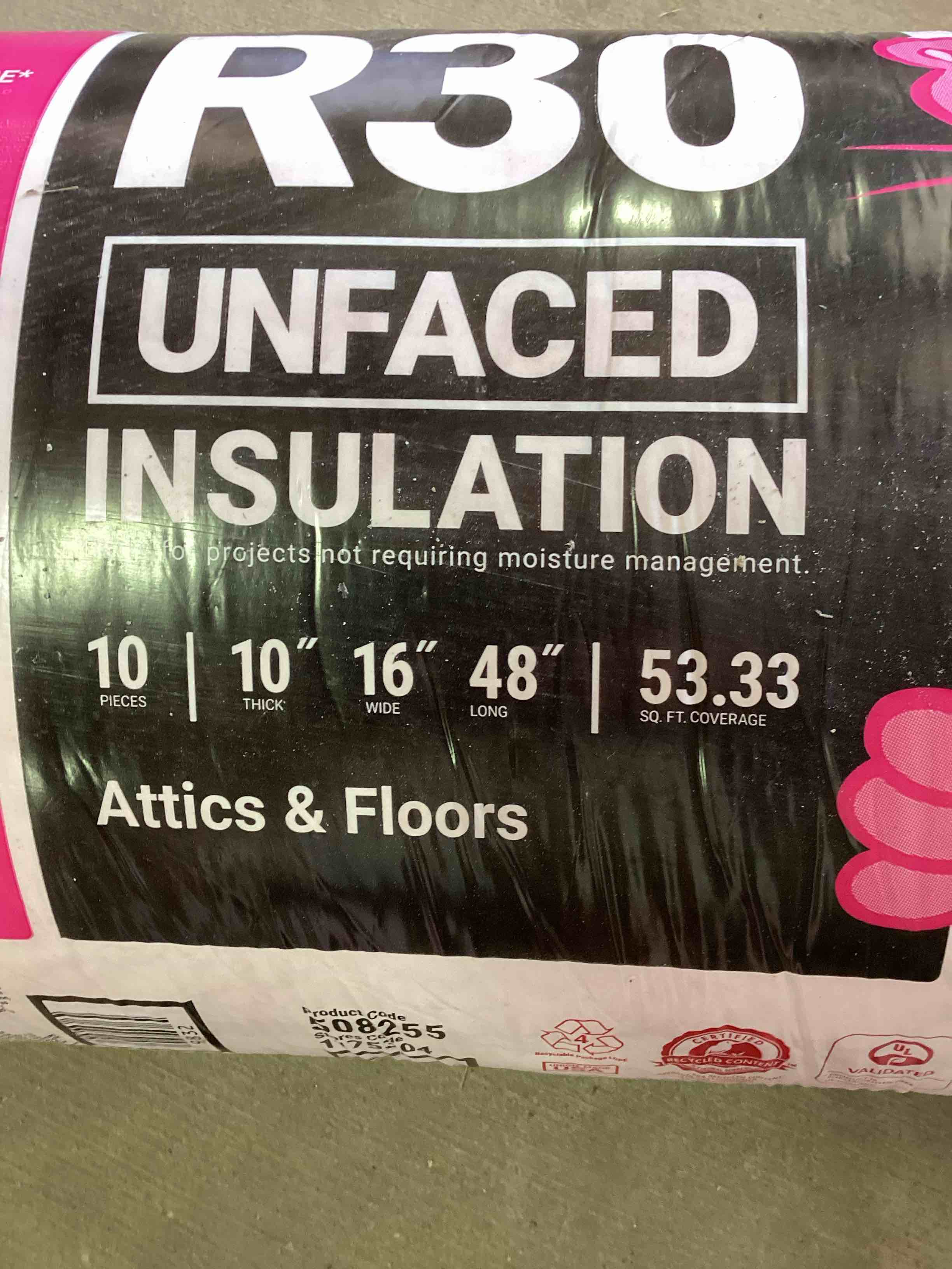 Condition photo showing New/Like New for owen’s corning 4 bags of r30 unfaced fiberglass insulation. 10 pieces per roll. 10” thick, 16” x 48”, 53.33 sq ft per roll