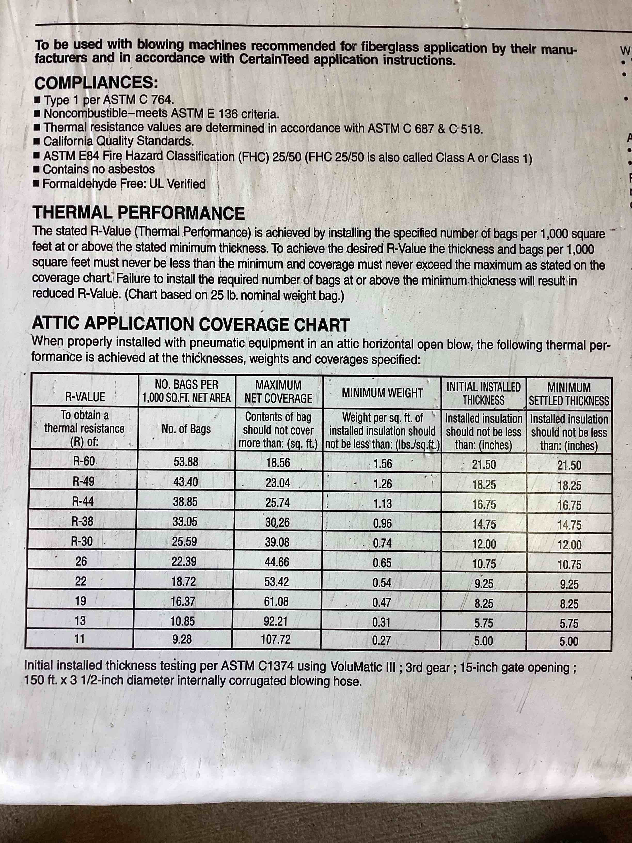 Condition photo showing New/Like New for certainteed ultratherm noncombustible fiberglass blowing insulation. 25 lb bag. 4 bags per lot
