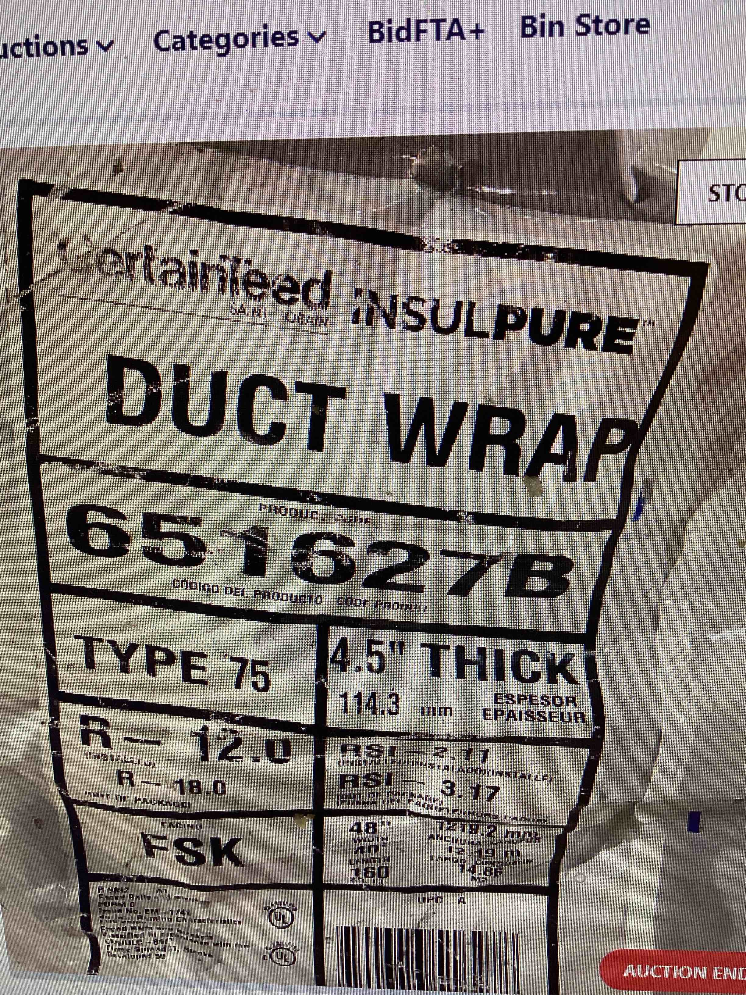 Condition photo showing New/Like New for certainteed insulpure duct wrap. type 75. 4.5” thick, 48” wide, 40’ long. 160 sq ft per roll. 3 rolls to a bundle