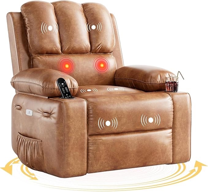 GAOMON Oversized Electric Recliner Chair with Massage & Heat - 360° Swivel Rocker Power Recliner for Big and Tall, Extra Wide 27" PU Leather Recliner Chair with 1.5X Sponge