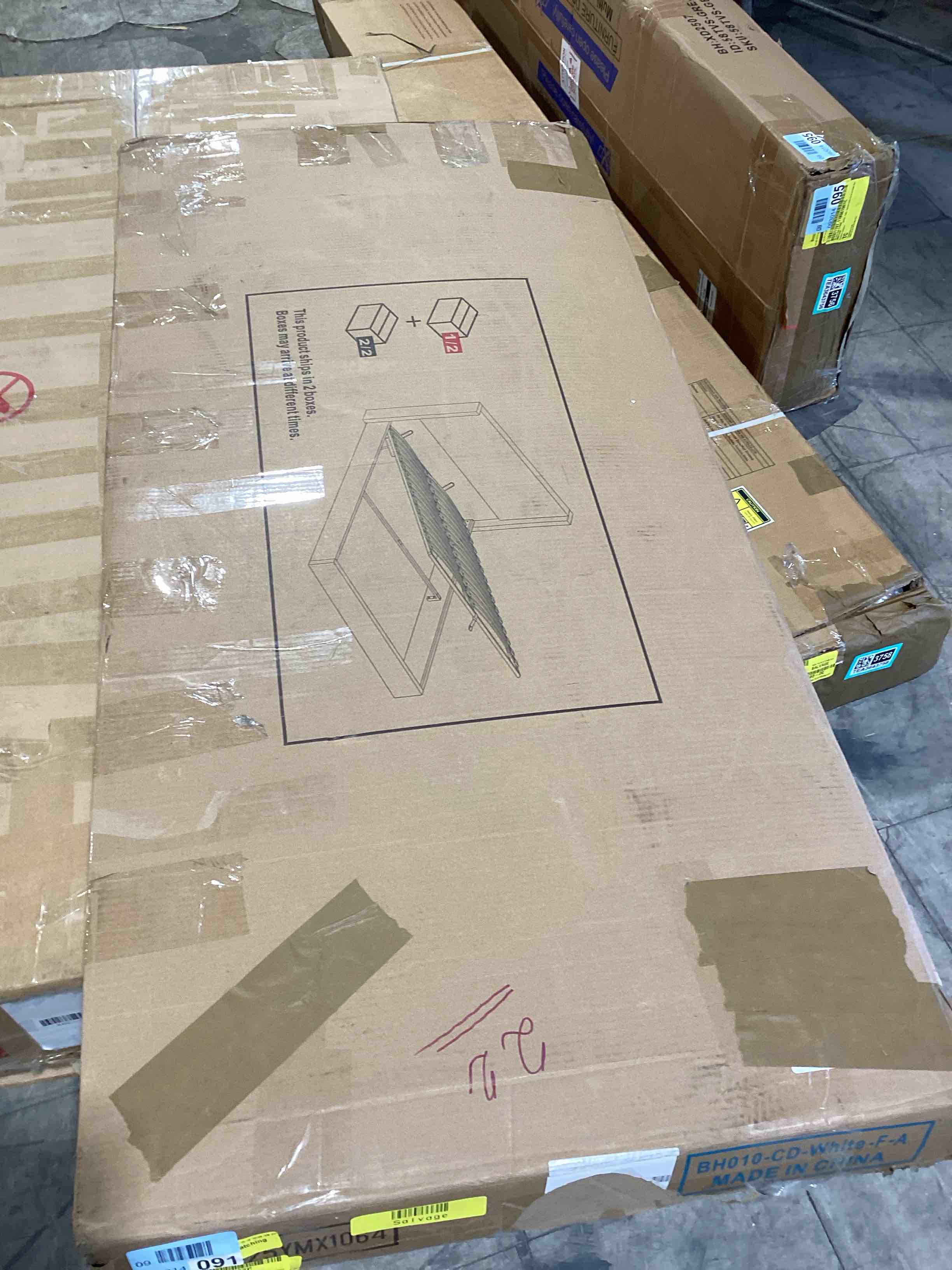 White Plywood Frame Queen Size Upholstered Platform Bed with Lift-up Storage Supported by Metal and Wooden Slats. Box 1 of 2 Only